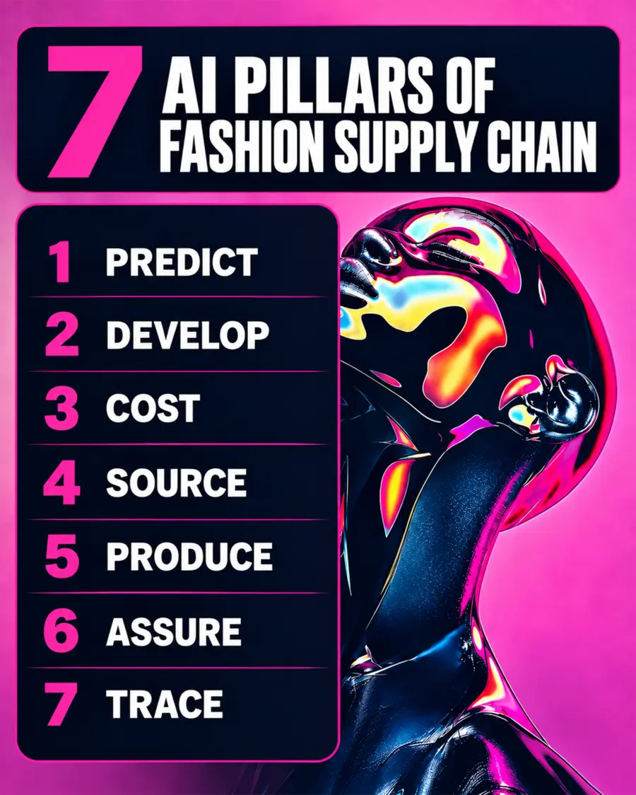 Conceptual illustration representing seven areas where AI can support a fashion supply chain