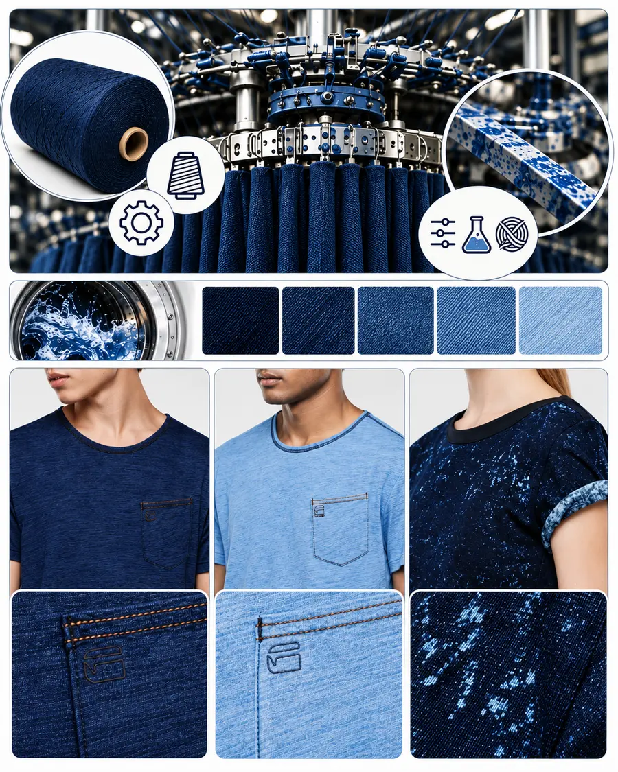 Conceptual illustration representing indigo-dyed jersey fabric development inspired by denim manufacturing